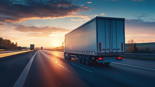 Sattelzug im Fernverkehr auf der Autobahn im Abendlicht