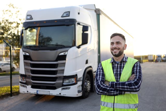 Fahrer in Warnweste vor seinem Sattelzug